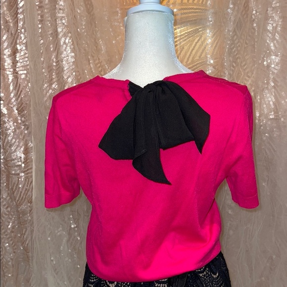 Ann Taylor Sweaters | Bright Pink Short Sleeve Sweater Wsheer Black Bow | Color: Black/Pink | Size: S | Hbrueggemann2's Closet